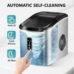 Silver Smart Countertop Ice Maker, 26lbs/24H Ice Production, 9 Cubes Ready in 8 Mins, Self‑Cleaning Portable Ice Machine with Ice Scoop and Basket for Home Kitchen Office