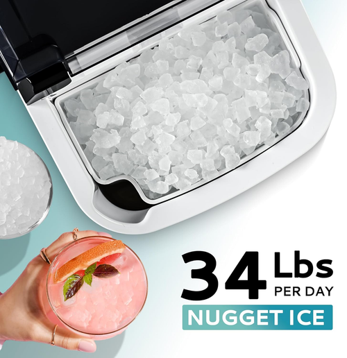Countertop Nugget Ice Maker with Carry Handle, Ready in 6 Mins, 34lbs Per Day, Removable Top Cover & Auto‑Cleaning, Portable Sonic Ice Maker with Basket and Scoop for Home Party RV Camping