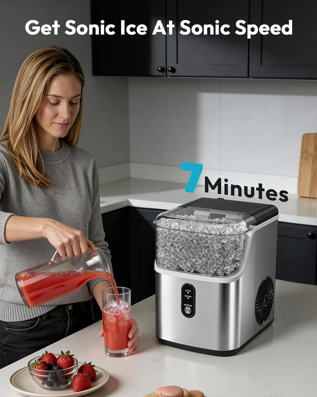Stainless Steel Countertop Nugget Ice Maker, Ready in 7 Mins, 34Lbs/24H Self‑Cleaning Pebble Pellet Sonic Ice Maker with Ice Scoop and Basket for Home Use