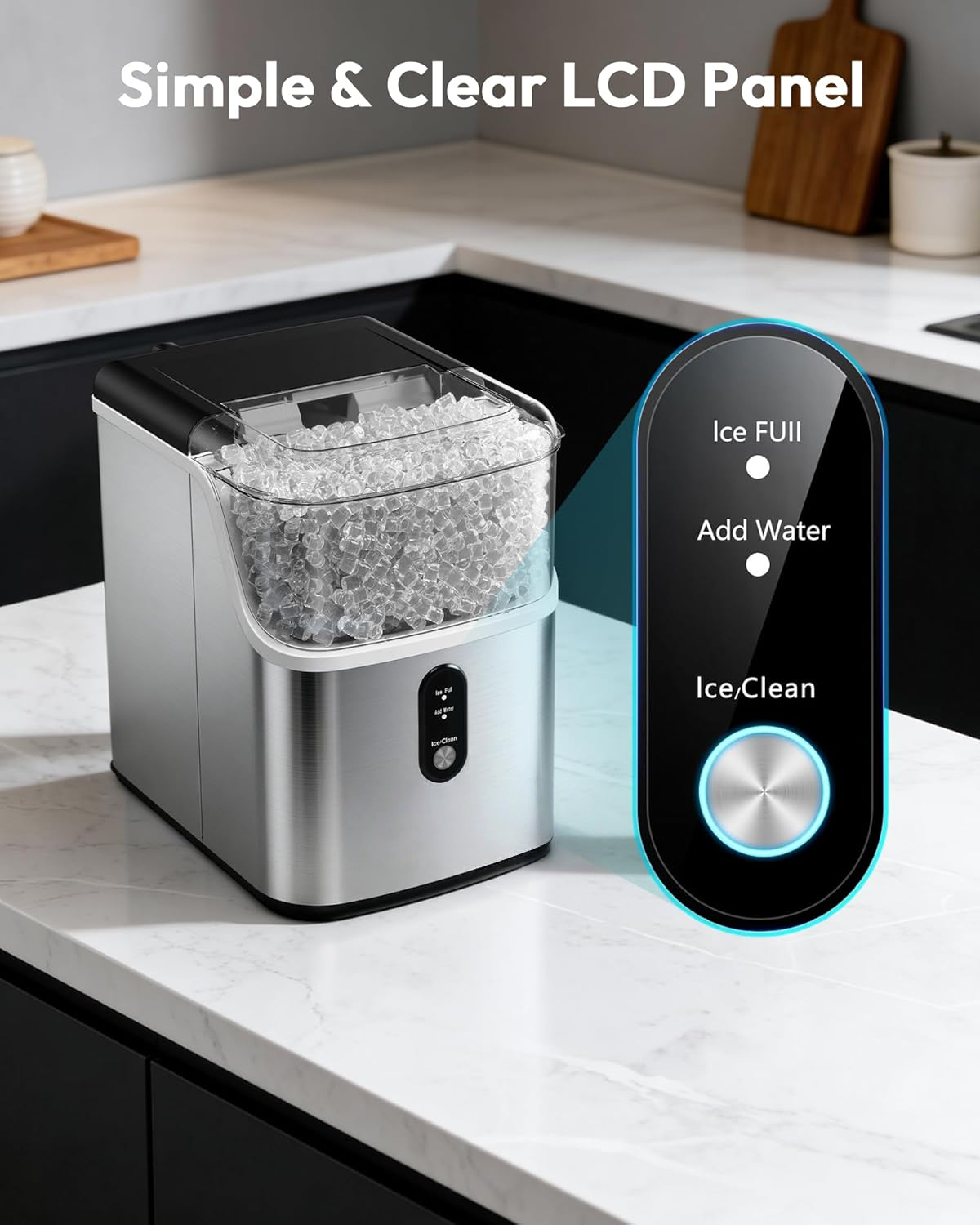 Stainless Steel Countertop Nugget Ice Maker, Ready in 7 Mins, 34Lbs/24H Self‑Cleaning Pebble Pellet Sonic Ice Maker with Ice Scoop and Basket for Home Use