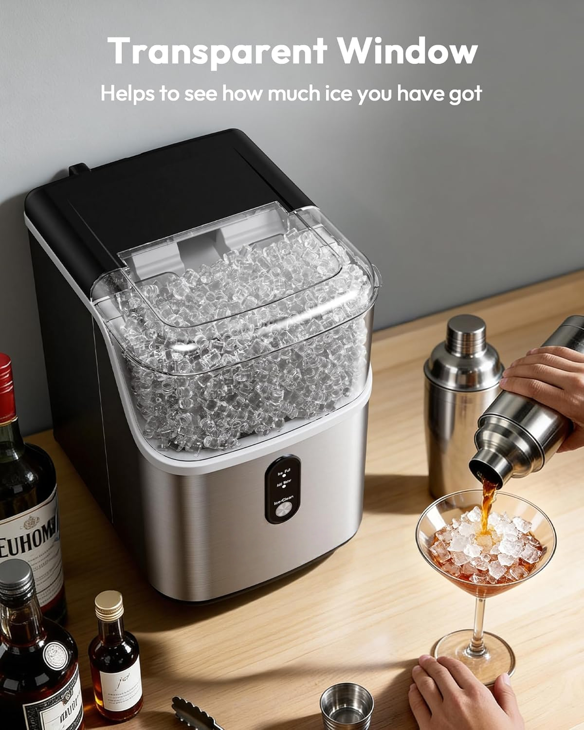 Stainless Steel Countertop Nugget Ice Maker, Ready in 7 Mins, 34Lbs/24H Self‑Cleaning Pebble Pellet Sonic Ice Maker with Ice Scoop and Basket for Home Use